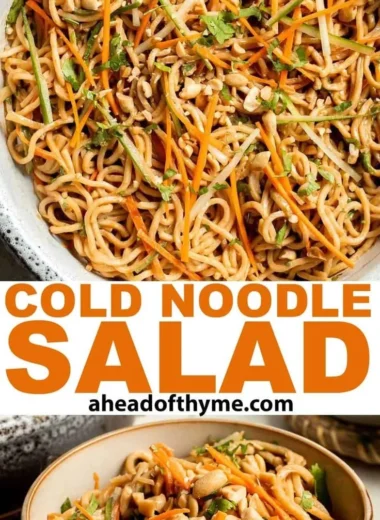 Asian cold noodle salad with colorful vegetables and a tangy dressing