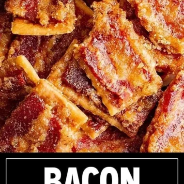 Delicious candied bacon crackers topped with sweet glaze on a serving platter