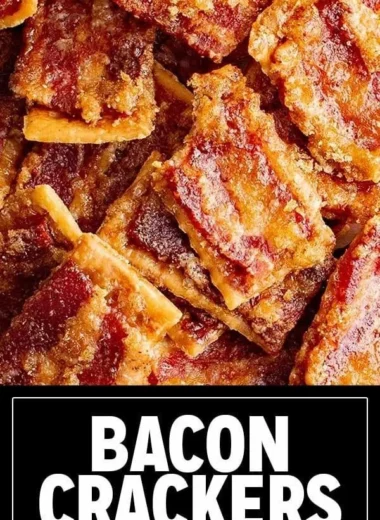 Delicious candied bacon crackers topped with sweet glaze on a serving platter