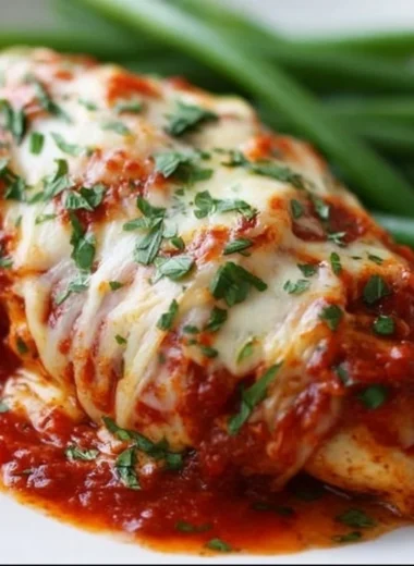 Cheesy garlic butter mushroom stuffed chicken on a plate