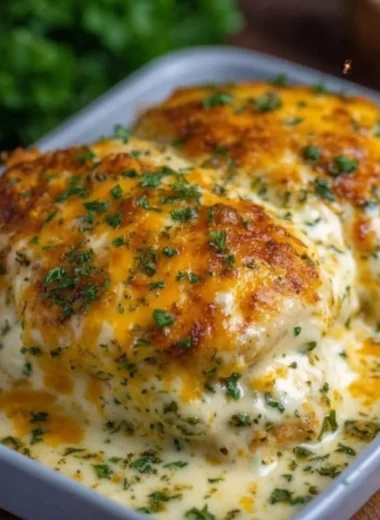 Delicious creamy Chicken Schnitzel served with sauce on a plate