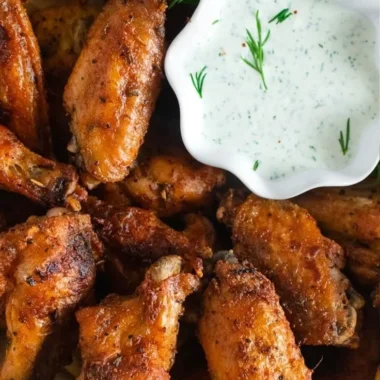 Plate of crispy baked chicken wings with dipping sauce