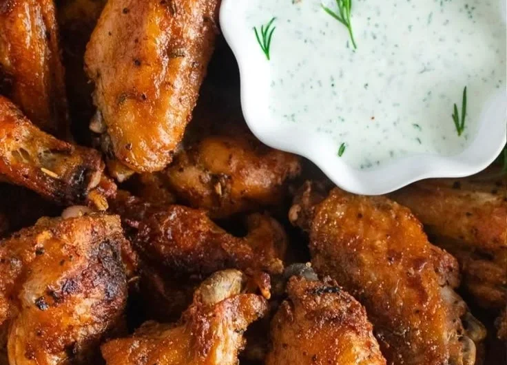 Plate of crispy baked chicken wings with dipping sauce