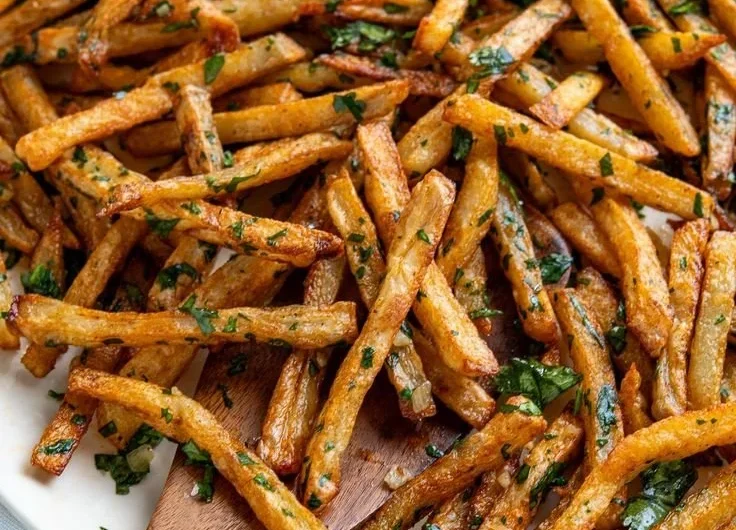 Crispy Garlic Cilantro Fries topped with fresh cilantro and garlic flavor