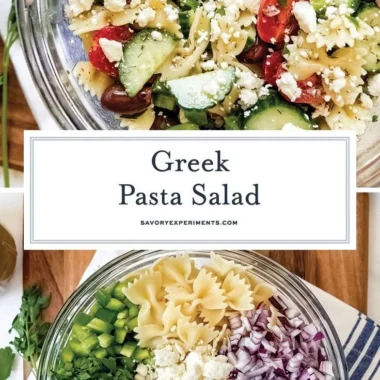 Colorful bowl of Greek pasta salad with olives, feta, and cherry tomatoes