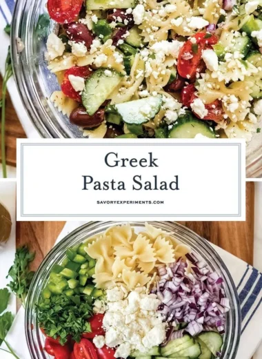Colorful bowl of Greek pasta salad with olives, feta, and cherry tomatoes