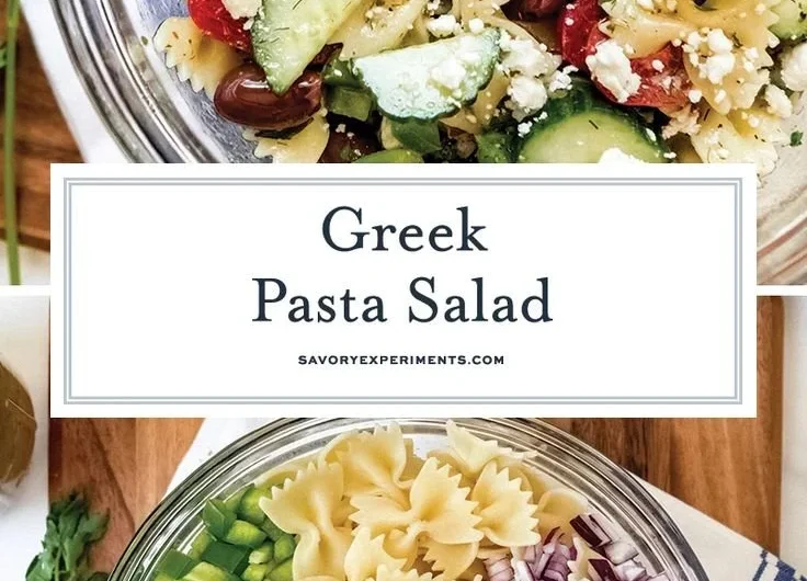 Colorful bowl of Greek pasta salad with olives, feta, and cherry tomatoes