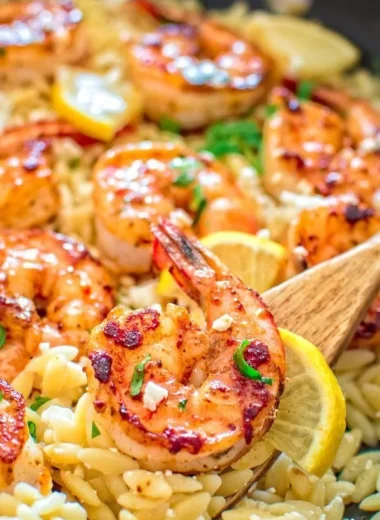 One Pot Orzo with Shrimp and Feta dish served in a bowl