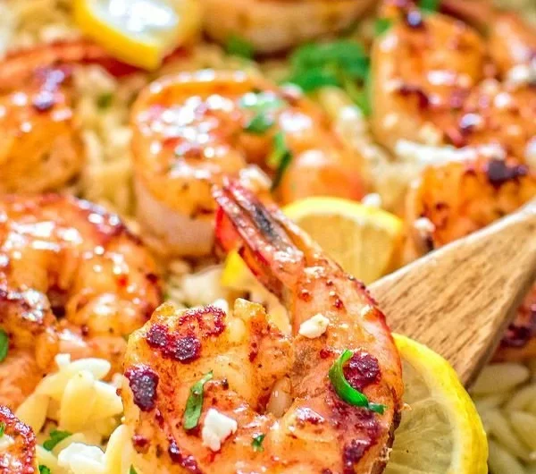 One Pot Orzo with Shrimp and Feta dish served in a bowl