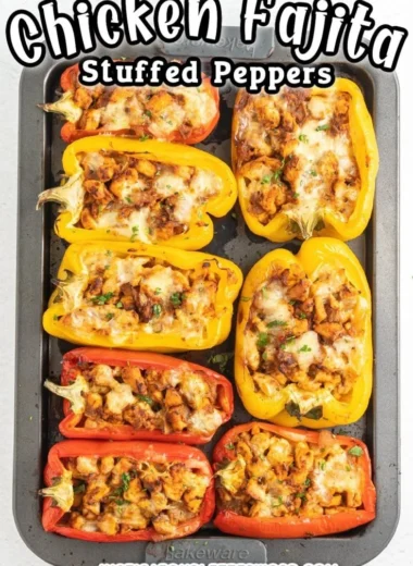 Colorful stuffed peppers filled with chicken, healthy ingredients, and seasonings.