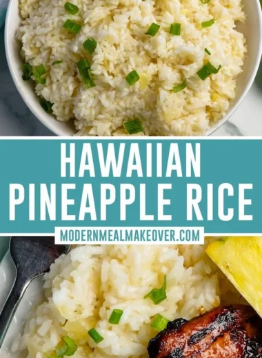 Delicious Pineapple Rice garnished with fresh pineapple and herbs