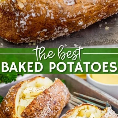 Delicious restaurant-style baked potatoes topped with sour cream and chives.