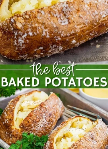 Delicious restaurant-style baked potatoes topped with sour cream and chives.