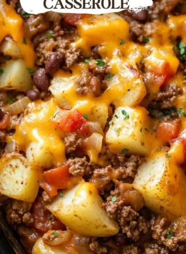 Delicious Slow Cooker Cowboy Casserole served in a bowl with cheese and toppings
