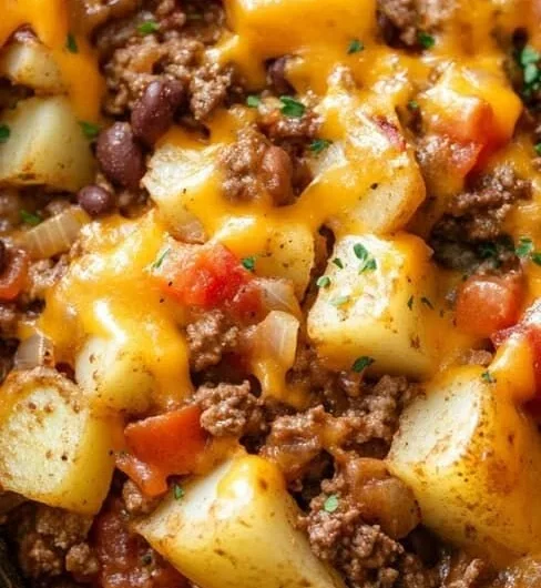 Delicious Slow Cooker Cowboy Casserole served in a bowl with cheese and toppings