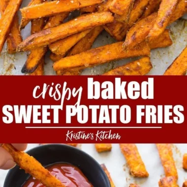Crispy baked sweet potato fries served on a plate