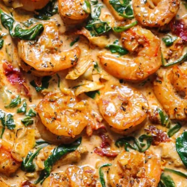 Delicious Tuscan shrimp dish with spinach and artichokes served in a bowl.
