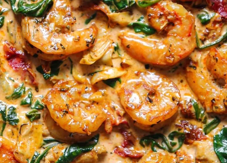 Delicious Tuscan shrimp dish with spinach and artichokes served in a bowl.