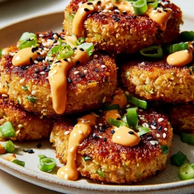 Plate of Asian Tuna Cakes garnished with herbs
