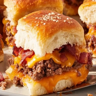 Bacon Cheeseburger Slider Bake served on a platter with melted cheese and crispy bacon.