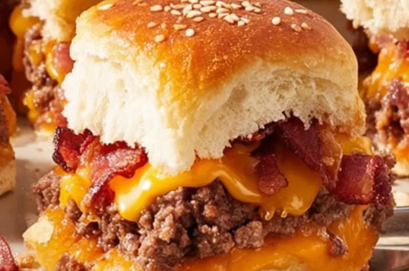 Bacon Cheeseburger Slider Bake served on a platter with melted cheese and crispy bacon.