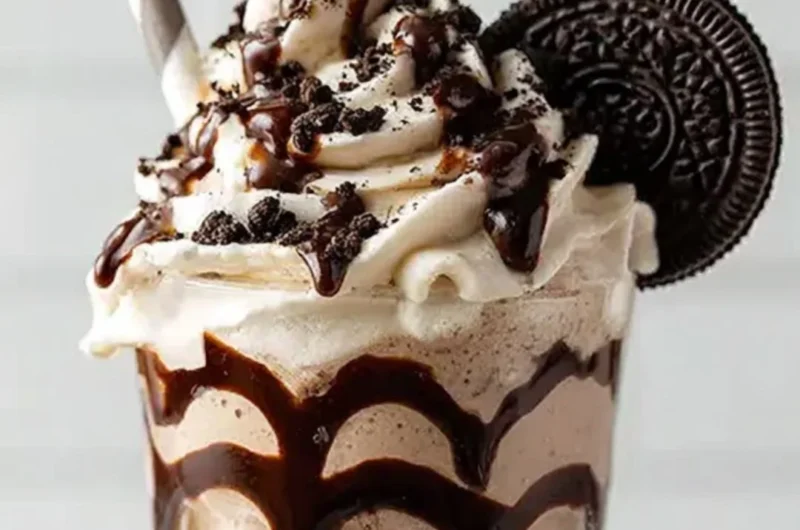 Delicious Bailey's Cookies and Cream Shake in a glass with cookie garnish