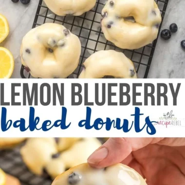 Baked lemon blueberry donuts topped with lemon glaze on a plate
