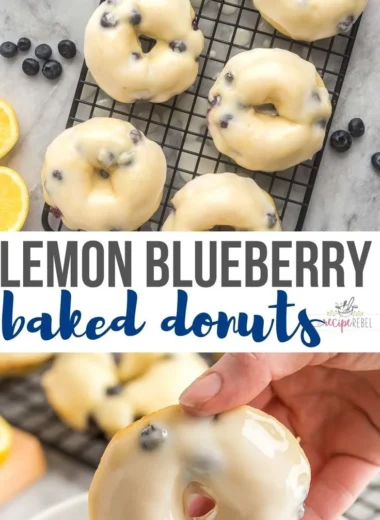 Baked lemon blueberry donuts topped with lemon glaze on a plate