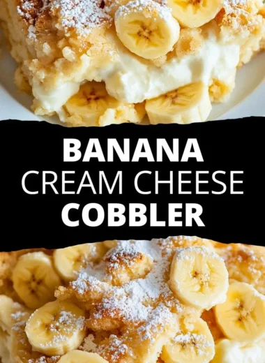 Delicious Banana Cream Cheese Cobbler served warm with a golden crust.