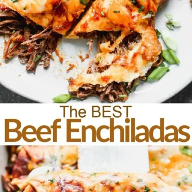 Plate of tasty Beef Enchiladas topped with cheese and fresh cilantro