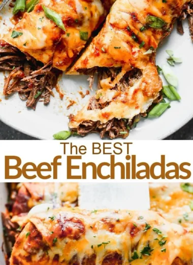 Plate of tasty Beef Enchiladas topped with cheese and fresh cilantro