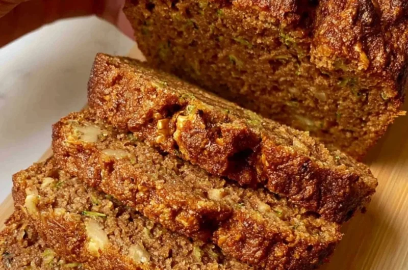 Moist and delicious best zucchini bread loaf on a wooden table.