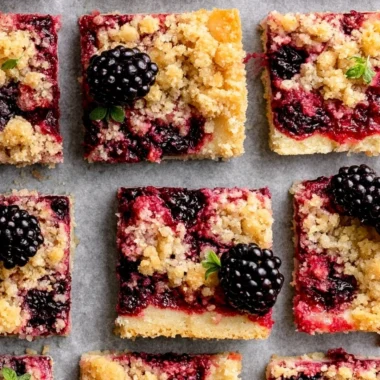 Delicious blackberry pie bars on a plate, topped with fresh blackberries.