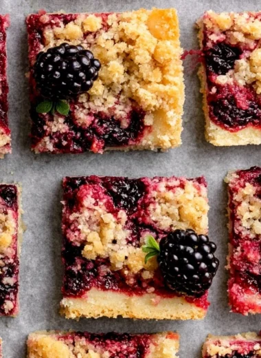 Delicious blackberry pie bars on a plate, topped with fresh blackberries.