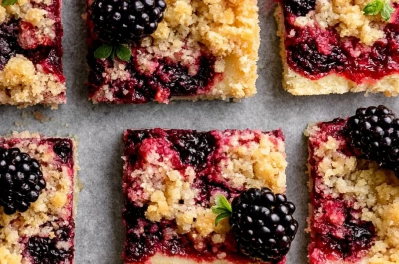 Delicious blackberry pie bars on a plate, topped with fresh blackberries.