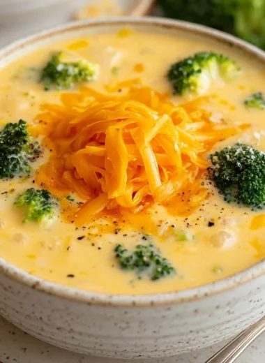 Bowl of creamy broccoli cheese soup garnished with cheddar cheese and fresh broccoli.