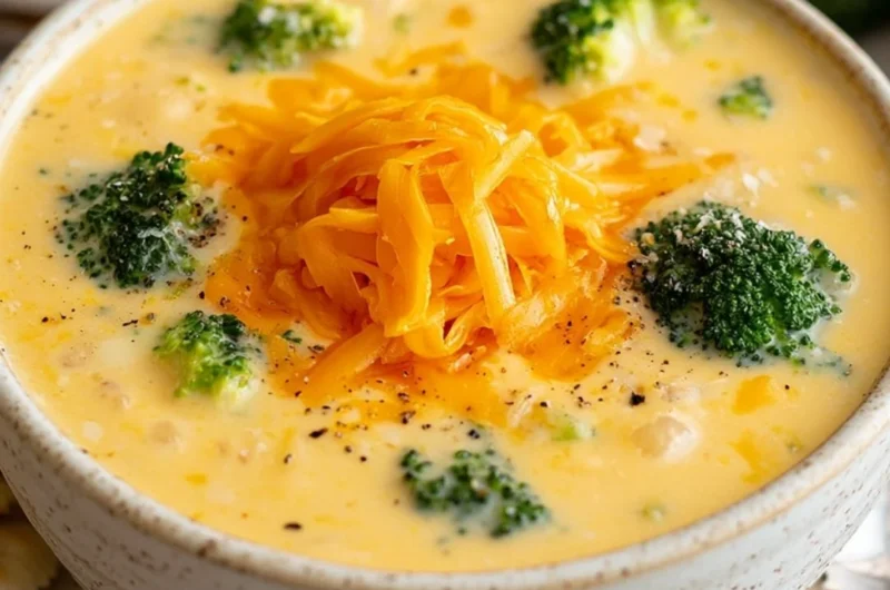 Bowl of creamy broccoli cheese soup garnished with cheddar cheese and fresh broccoli.
