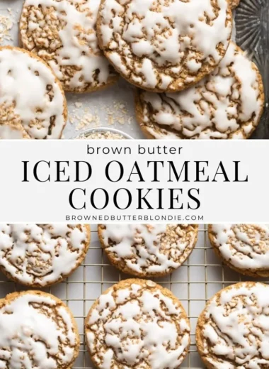 Delicious brown butter iced oatmeal cookies on a plate