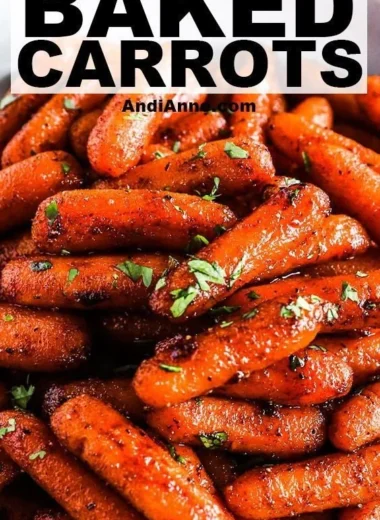 Delicious brown sugar roasted carrots garnished and ready to serve.