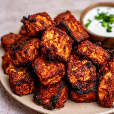 Cajun Tofu Bites served on a white plate with dipping sauce