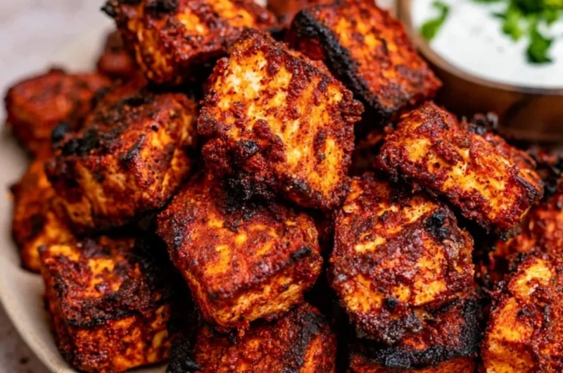Cajun Tofu Bites served on a white plate with dipping sauce