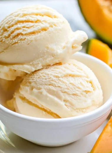 Delicious cantaloupe sea salt ice cream served in a bowl