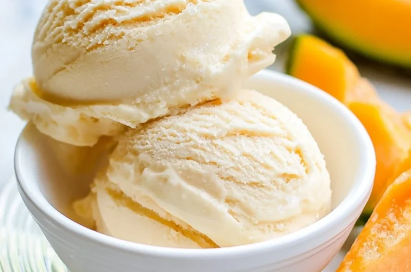 Delicious cantaloupe sea salt ice cream served in a bowl