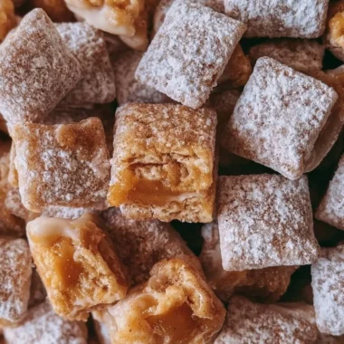 Bowl of caramel apple puppy chow with a festive autumn backdrop