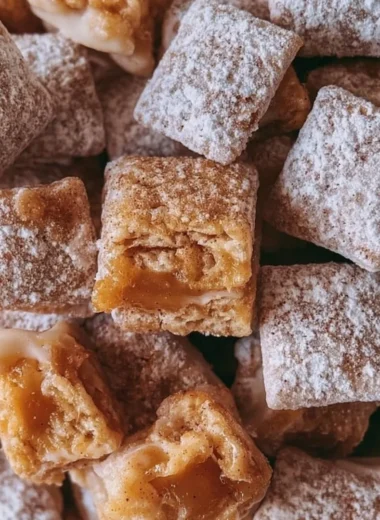 Bowl of caramel apple puppy chow with a festive autumn backdrop