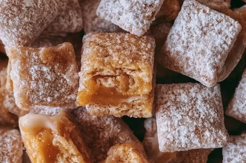 Bowl of caramel apple puppy chow with a festive autumn backdrop
