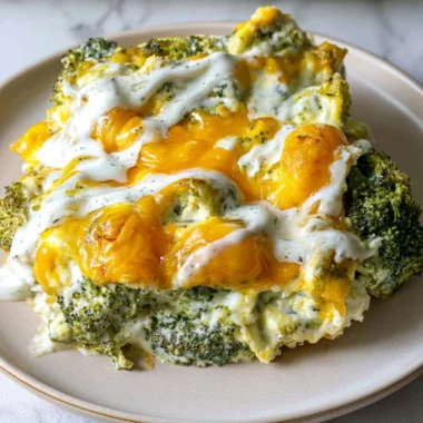 Cheesy broccoli casserole topped with melted cheese and breadcrumbs