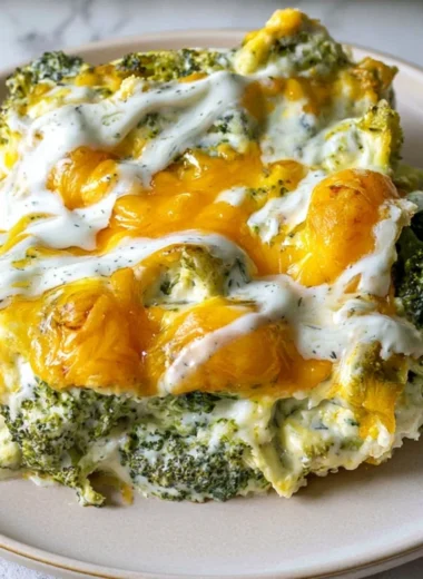Cheesy broccoli casserole topped with melted cheese and breadcrumbs