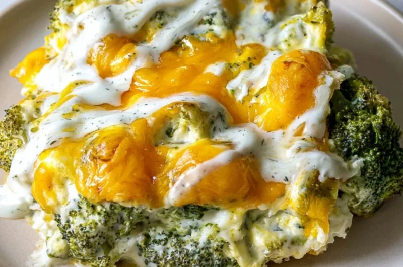 Cheesy broccoli casserole topped with melted cheese and breadcrumbs