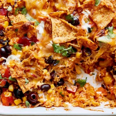 Cheesy Dorito Veggie Casserole with colorful vegetables and crunchy toppings